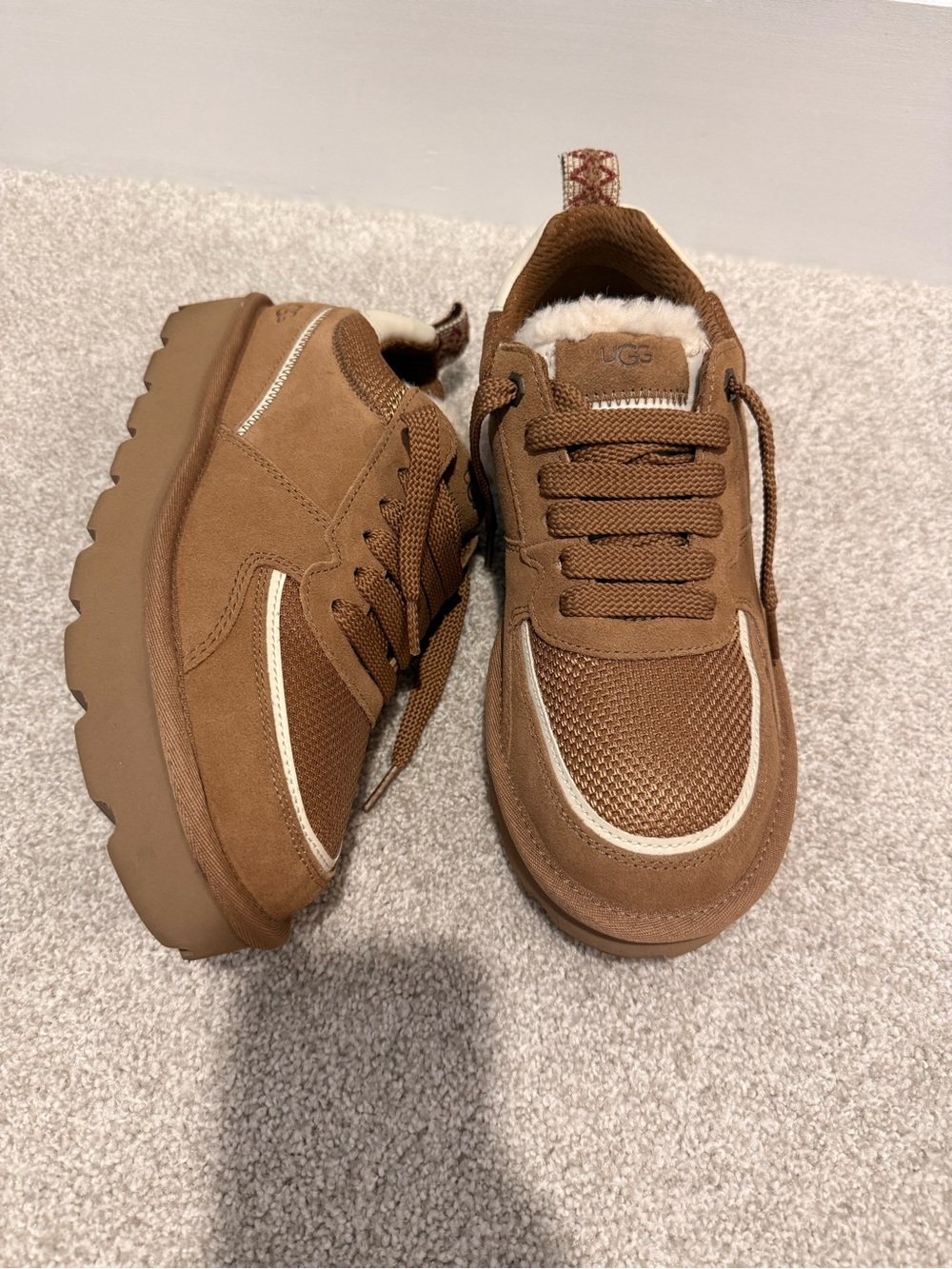 UGG Women’s Chestnut Brown Platform Lace-Up Sneakers with Cream Trim